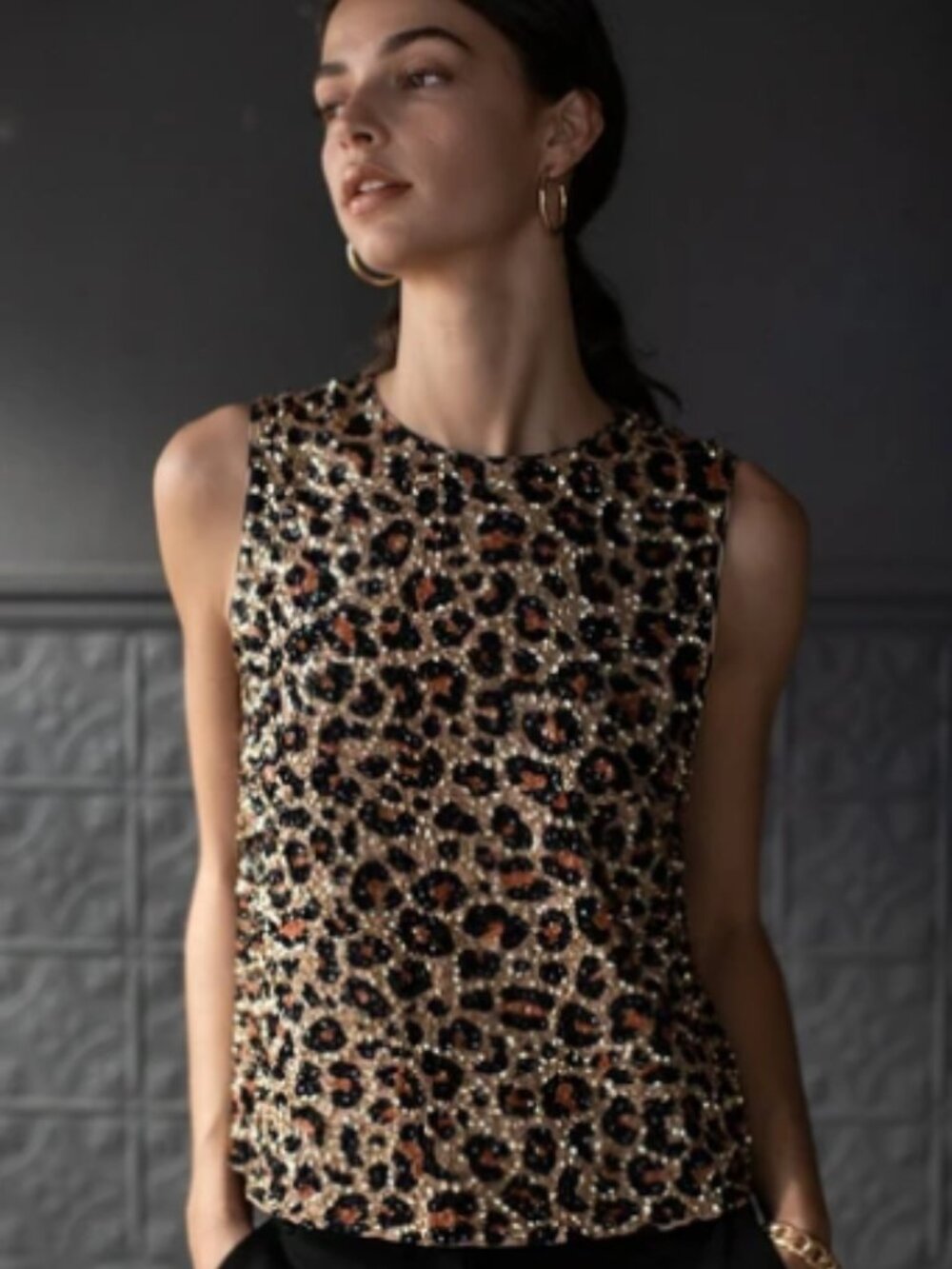 Velvet by Graham & Spencer Yves Leopard-Print Sequined Top S Going Out Holiday